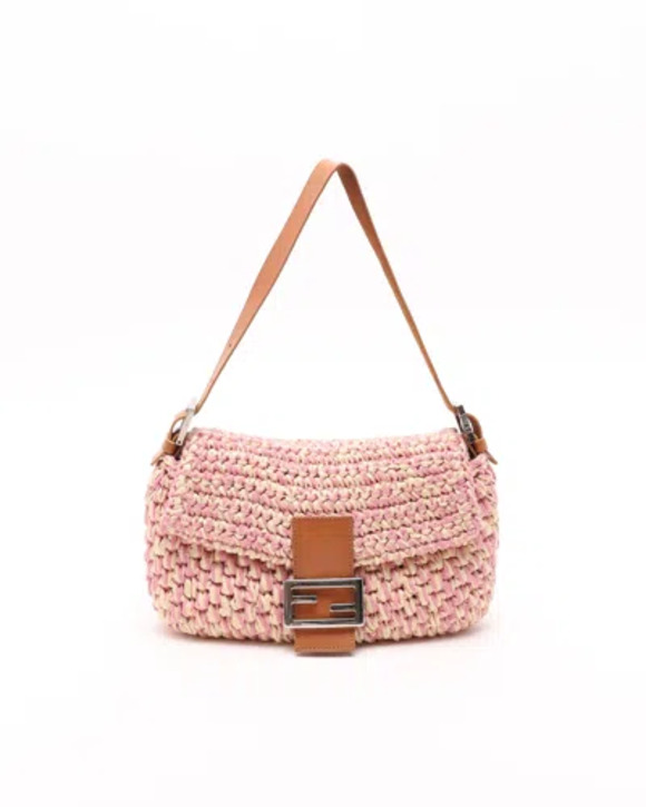 Fendi Handbags - Fendi Pink Crochet Raffia Baguette Silver Hardware Leather Trim Authentic